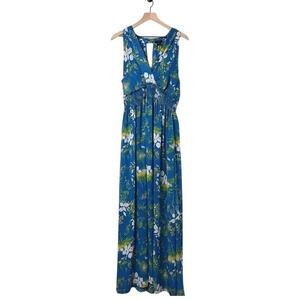 Halogen Floral Maxi Dress Blue Sleeveless Smocked Waist‎ Boho Flowy Long Dress L